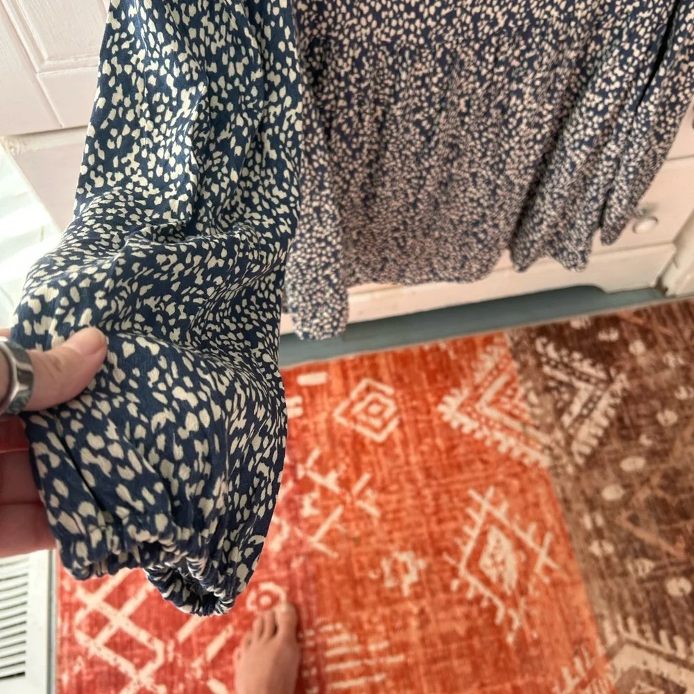 Motherhood Navy and White Patterned Blouse with Bell Sleeves and Flounce Bottom - Picture 6 of 6